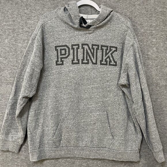 PINK Victoria's Secret Gray Logo Pullover Soft Inside Black Logo Hoodie Womens L - Picture 3 of 5